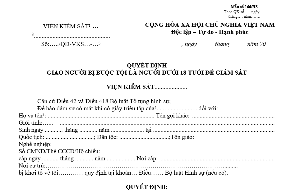 Mẫu quyết định giao người bị buộc tội là người dưới 18 tuổi để giám sát Mẫu quyết định giao người bị buộc tội là người dưới 18 tuổi để giám sát