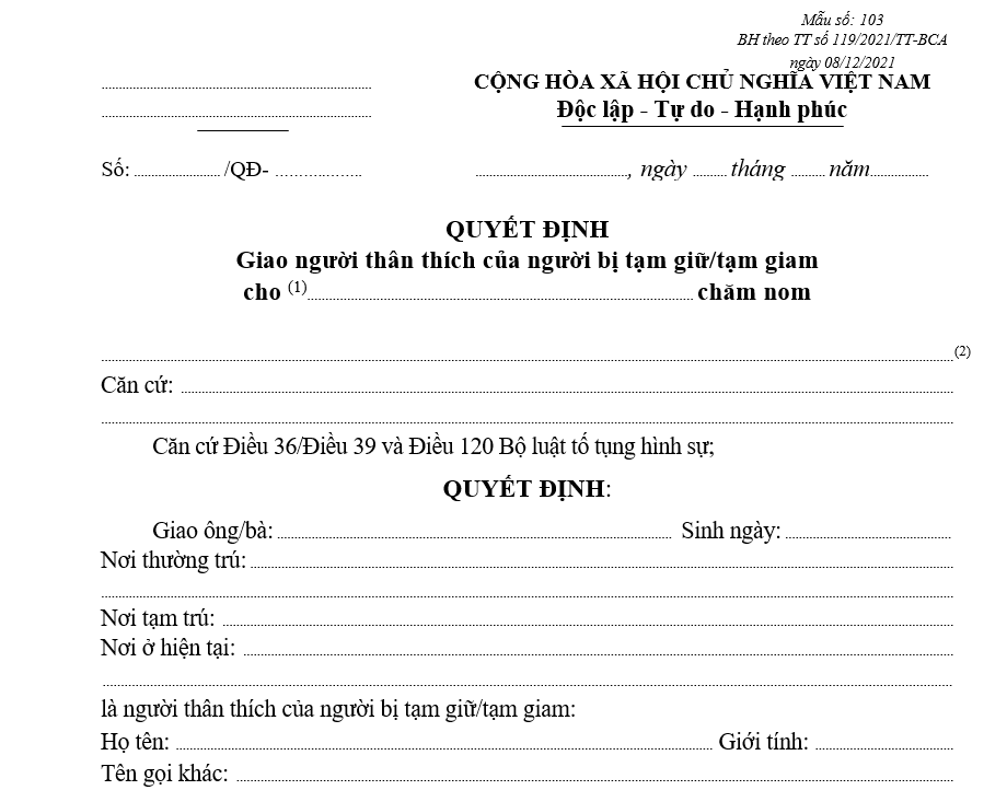 Mẫu quyết định giao người thân thích của người bị tạm giữ/tạm giam cho người thân thích khác hoặc chính quyền xã, phường, thị trấn chăm nom Mẫu quyết định giao người thân thích của người bị tạm giữ-tạm giam cho người thân thích khác hoặc chính quyền xã, phường, thị trấn chăm nom