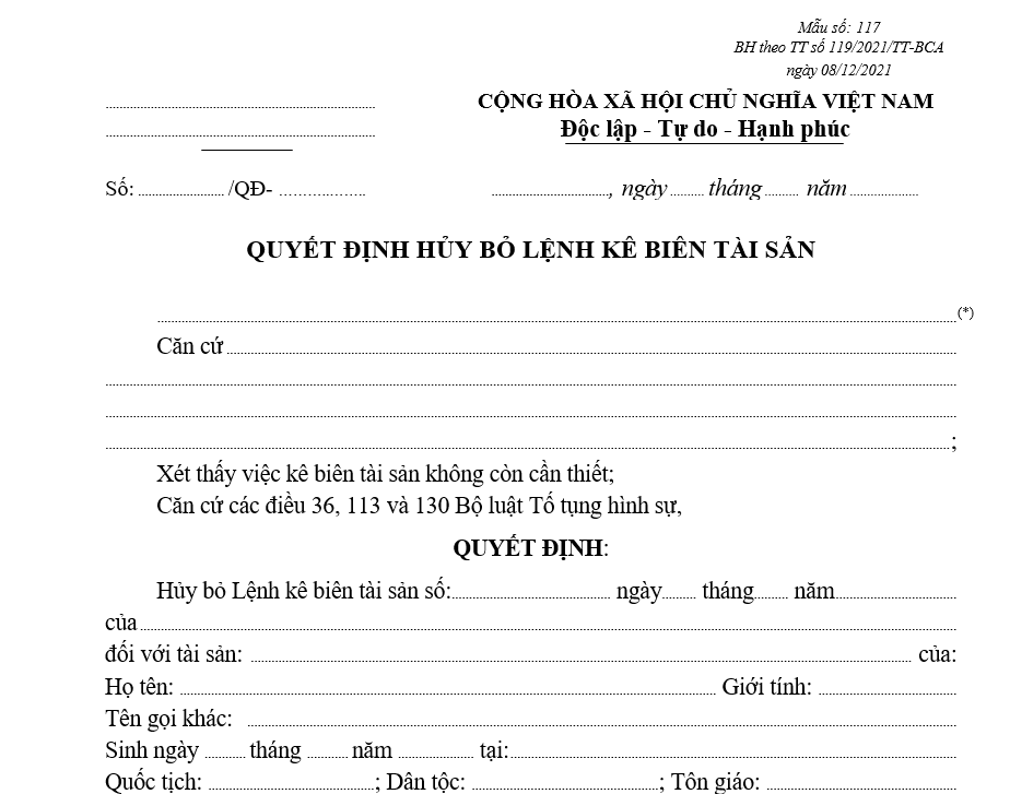 Mẫu quyết định hủy bỏ Lệnh kê biên tài sản Mẫu quyết định hủy bỏ Lệnh kê biên tài sản