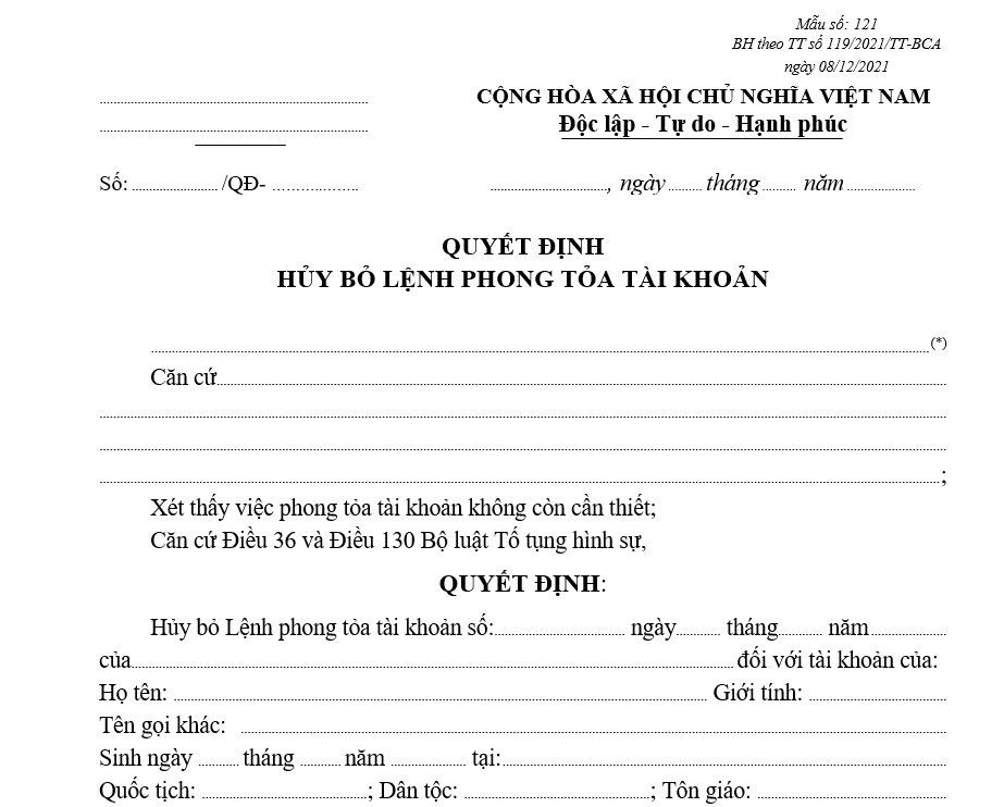 Mẫu quyết định hủy bỏ Lệnh phong tỏa tài khoản Mẫu quyết định hủy bỏ Lệnh phong tỏa tài khoản