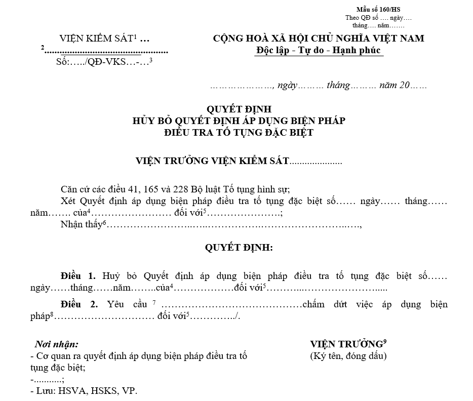 Mẫu quyết định hủy bỏ Quyết định áp dụng biện pháp điều tra tố tụng đặc biệt Mẫu quyết định hủy bỏ Quyết định áp dụng biện pháp điều tra tố tụng đặc biệt