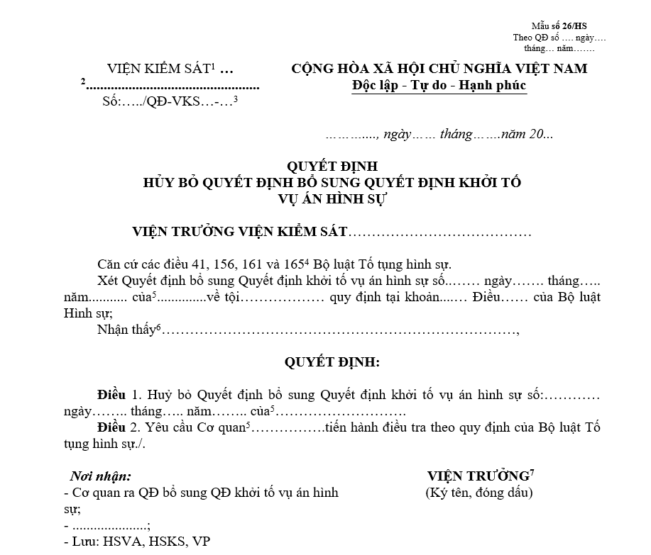 Mẫu quyết định hủy bỏ Quyết định bổ sung Quyết định khởi tố vụ án hình sự