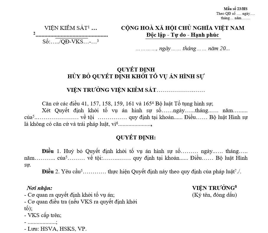Mẫu quyết định hủy bỏ Quyết định khởi tố vụ án hình sự Mẫu quyết định hủy bỏ Quyết định khởi tố vụ án hình sự