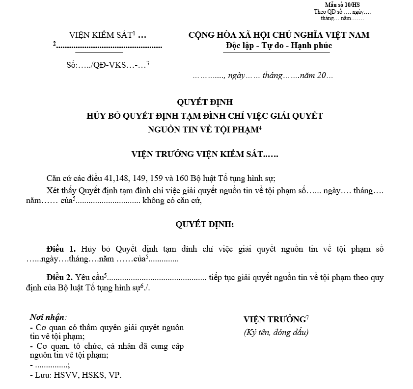 Mẫu quyết định hủy bỏ Quyết định tạm đình chỉ việc giải quyết nguồn tin về tội phạm Mẫu quyết định hủy bỏ Quyết định tạm đình chỉ việc giải quyết nguồn tin về tội phạm