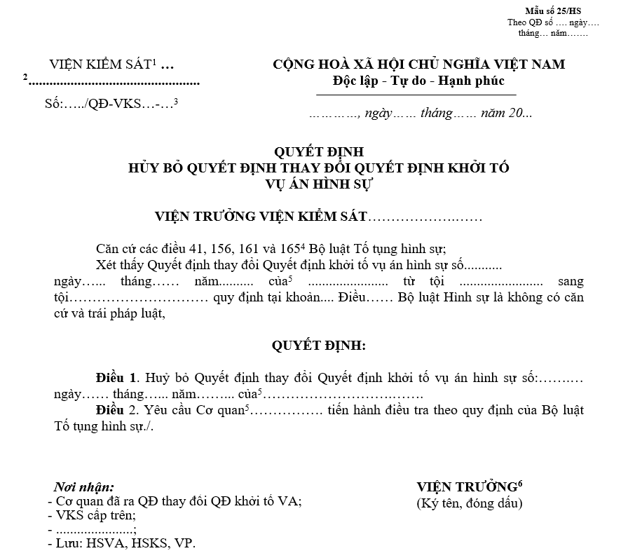 Mẫu quyết định hủy bỏ Quyết định thay đổi Quyết định khởi tố vụ án hình sự Mẫu quyết định hủy bỏ Quyết định thay đổi Quyết định khởi tố vụ án hình sự