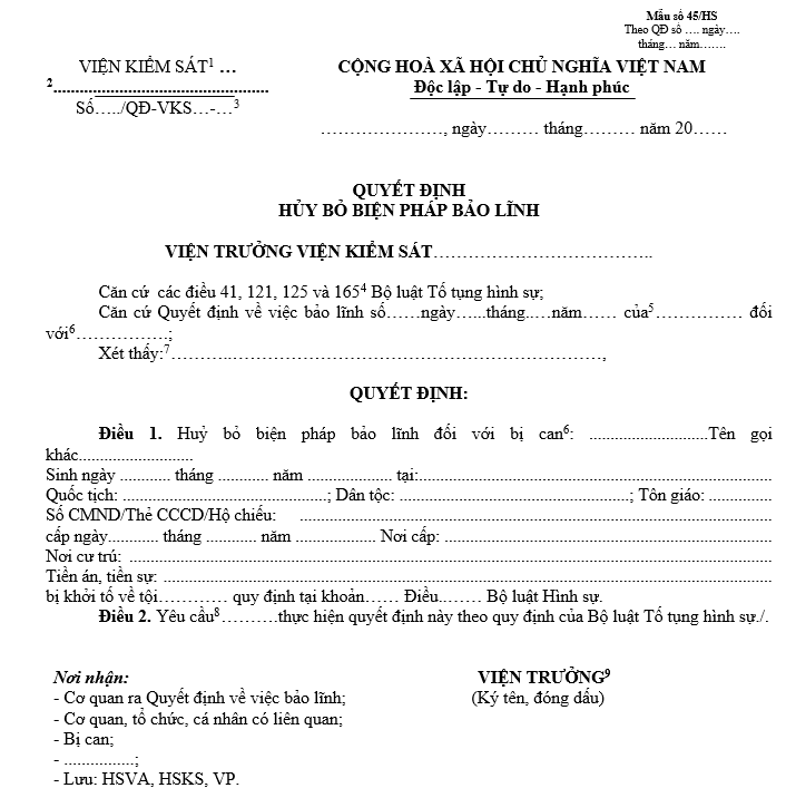 Mẫu quyết định hủy bỏ biện pháp bảo lĩnh Mẫu quyết định hủy bỏ biện pháp bảo lĩnh