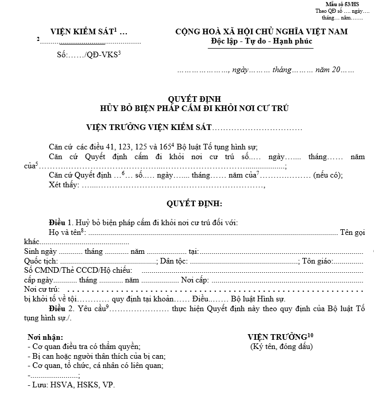 Mẫu quyết định hủy bỏ biện pháp cấm đi khỏi nơi cư trú Mẫu quyết định hủy bỏ biện pháp cấm đi khỏi nơi cư trú