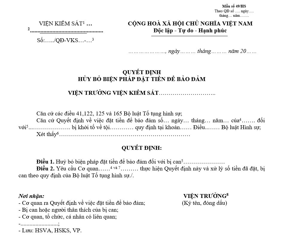Mẫu quyết định hủy bỏ biện pháp đặt tiền để bảo đảm Mẫu quyết định hủy bỏ biện pháp đặt tiền để bảo đảm