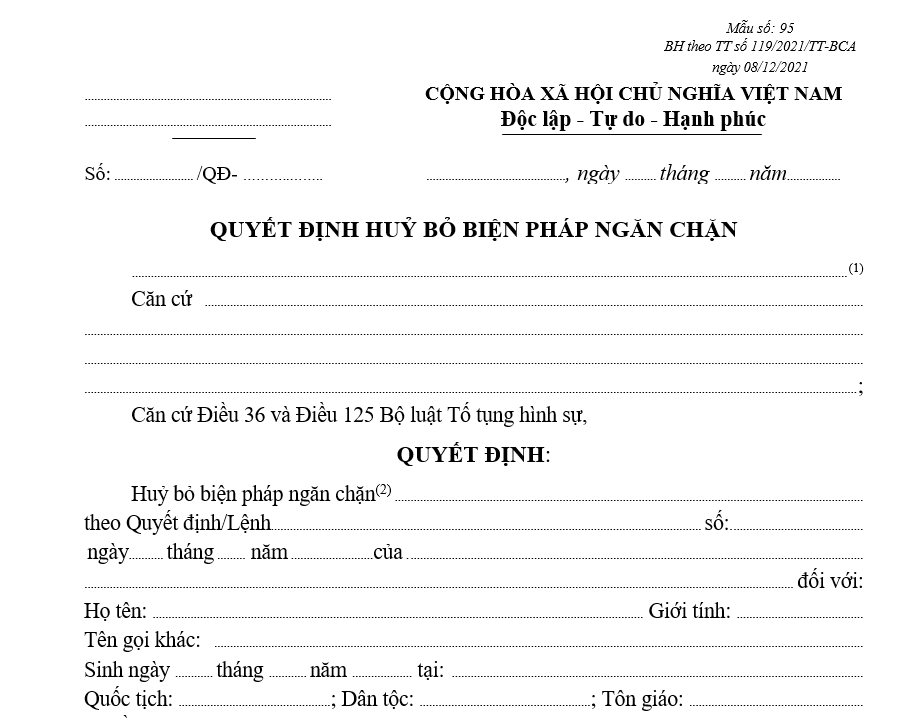 Mẫu quyết định hủy bỏ biện pháp ngăn chặn Mẫu quyết định hủy bỏ biện pháp ngăn chặn