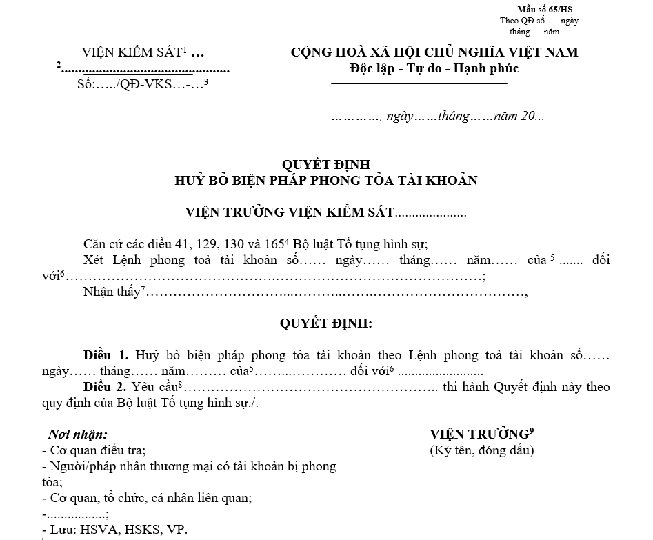Mẫu quyết định hủy bỏ biện pháp phong tỏa tài khoản Mẫu quyết định hủy bỏ biện pháp phong tỏa tài khoản