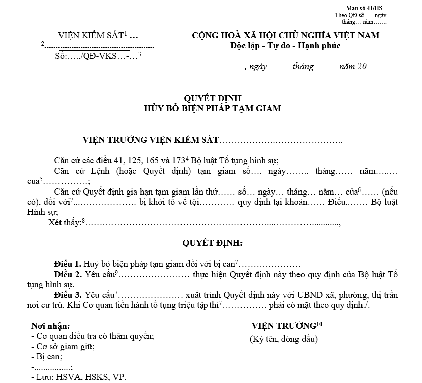 Mẫu quyết định hủy bỏ biện pháp tạm giam Mẫu quyết định hủy bỏ biện pháp tạm giam