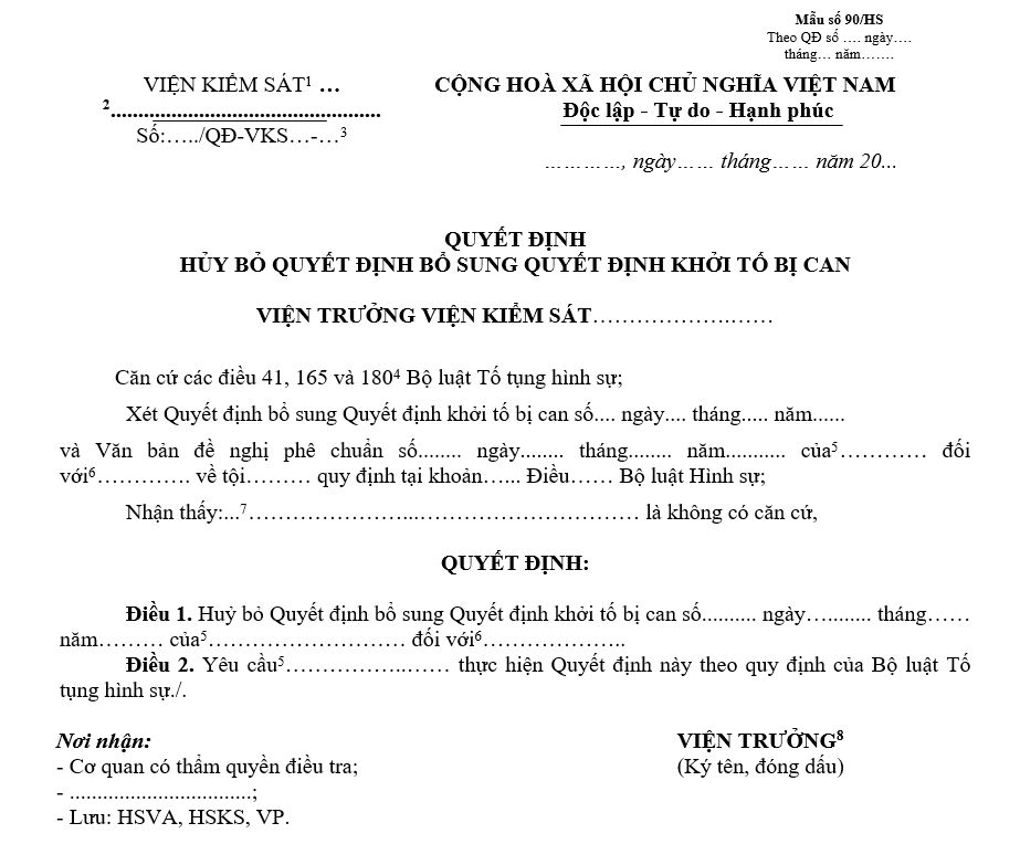 Mẫu quyết định hủy bỏ quyết định bổ sung quyết định khởi tố bị can Mẫu quyết định hủy bỏ quyết định bổ sung quyết định khởi tố bị can