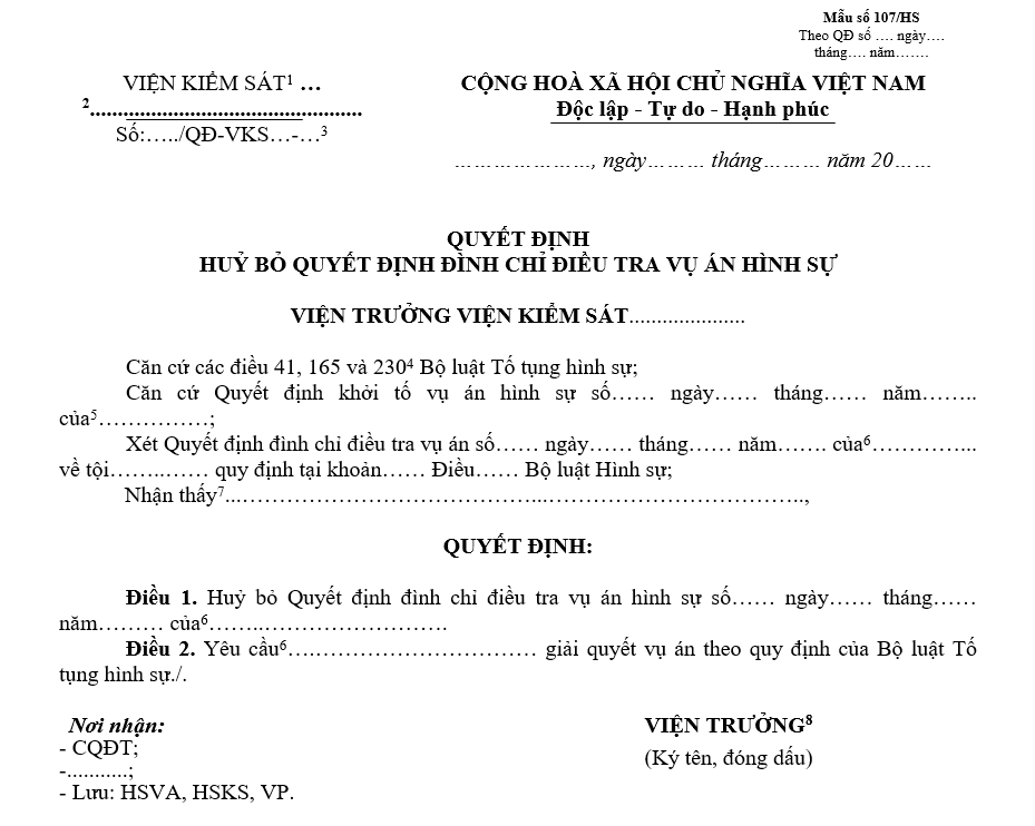 Mẫu quyết định hủy bỏ quyết định đình chỉ điều tra vụ án hình sự Mẫu quyết định hủy bỏ quyết định đình chỉ điều tra vụ án hình sự