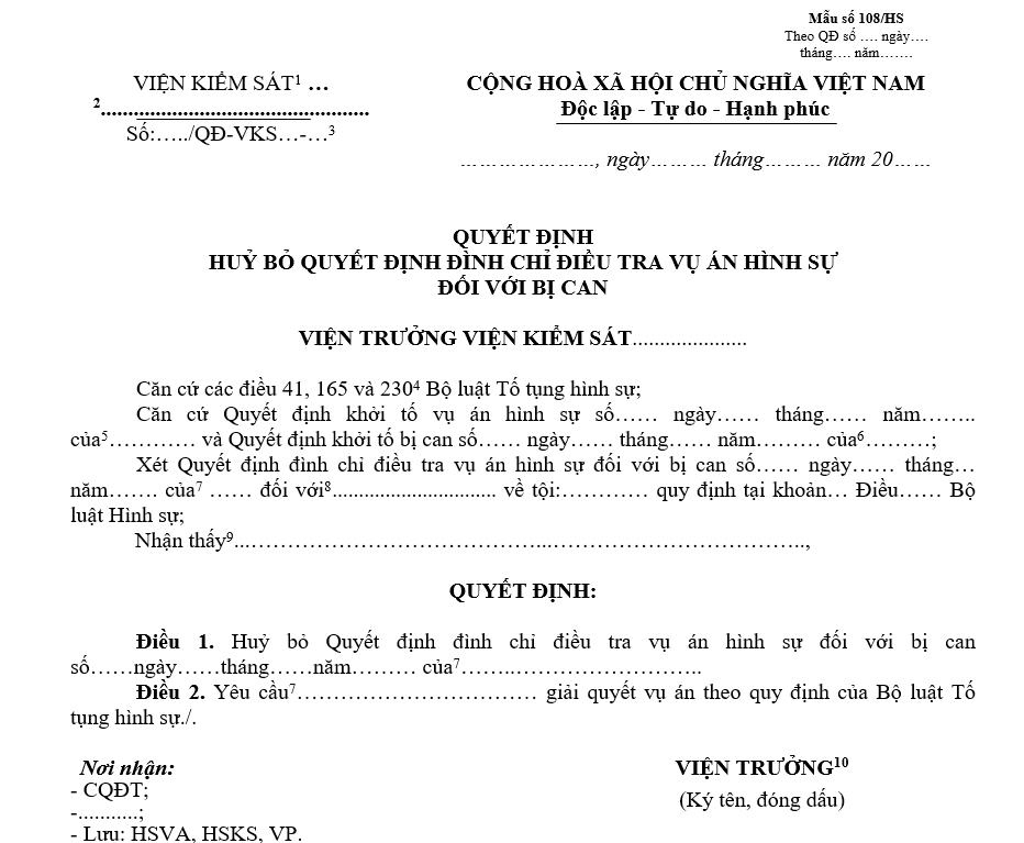 Mẫu quyết định hủy bỏ quyết định đình chỉ điều tra vụ án hình sự đối với bị can Mẫu quyết định hủy bỏ quyết định đình chỉ điều tra vụ án hình sự đối với bị can