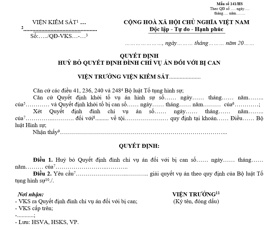 Mẫu quyết định hủy bỏ quyết định đình chỉ vụ án đối với bị can Mẫu quyết định hủy bỏ quyết định đình chỉ vụ án đối với bị can