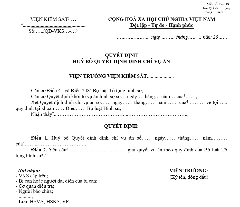 Mẫu quyết định hủy bỏ quyết định đình chỉ vụ án Mẫu quyết định hủy bỏ quyết định đình chỉ vụ án
