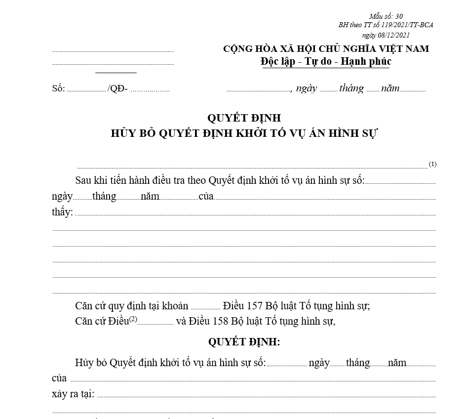 Mẫu quyết định hủy bỏ quyết định khởi tố vụ án hình sự Mẫu quyết định hủy bỏ quyết định khởi tố vụ án hình sự