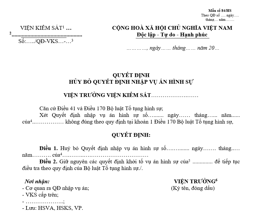Mẫu quyết định hủy bỏ quyết định nhập vụ án hình sự Mẫu quyết định hủy bỏ quyết định nhập vụ án hình sự