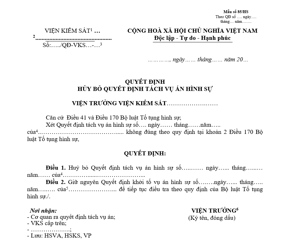 Mẫu quyết định hủy bỏ quyết định tách vụ án hình sự Mẫu quyết định hủy bỏ quyết định tách vụ án hình sự