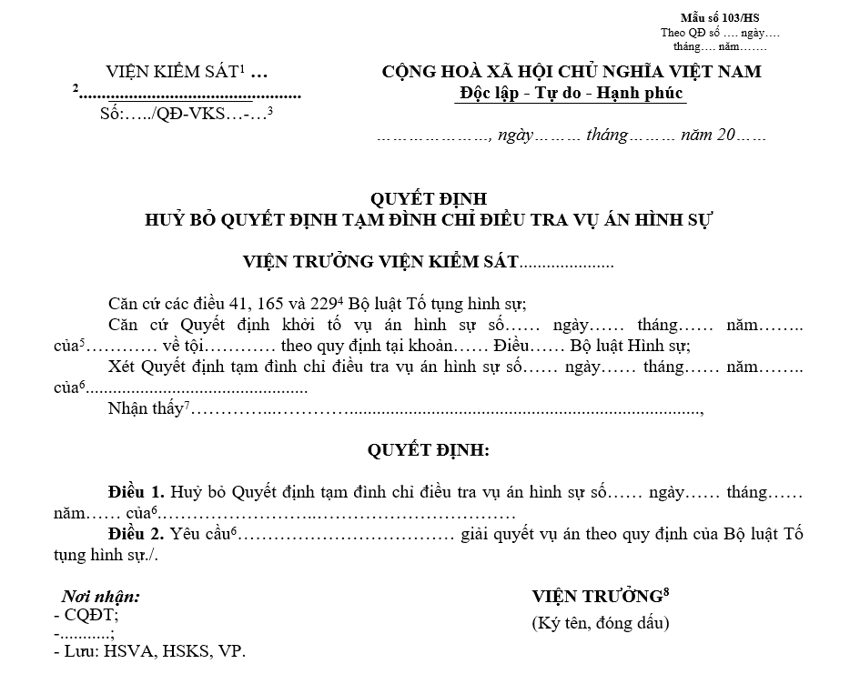 Mẫu quyết định hủy bỏ quyết định tạm đình chỉ điều tra vụ án hình sự Mẫu quyết định hủy bỏ quyết định tạm đình chỉ điều tra vụ án hình sự