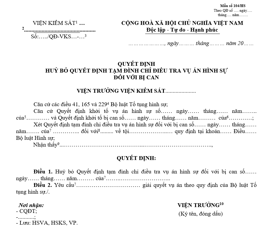 Mẫu quyết định hủy bỏ quyết định tạm đình chỉ điều tra vụ án hình sự đối với bị can Mẫu quyết định hủy bỏ quyết định tạm đình chỉ điều tra vụ án hình sự đối với bị can