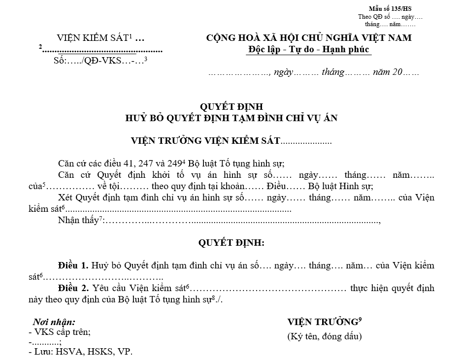 Mẫu quyết định hủy bỏ quyết định tạm đình chỉ vụ án Mẫu quyết định hủy bỏ quyết định tạm đình chỉ vụ án