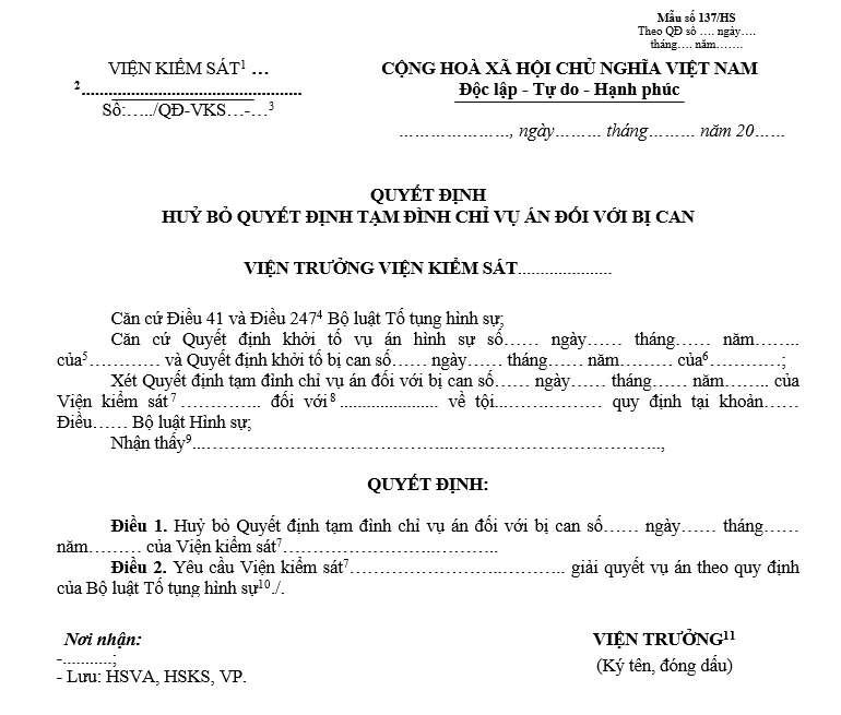 Mẫu quyết định hủy bỏ quyết định tạm đình chỉ vụ án đối với bị can Mẫu quyết định hủy bỏ quyết định tạm đình chỉ vụ án đối với bị can
