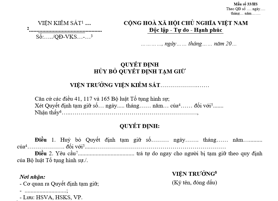 Mẫu quyết định hủy bỏ quyết định tạm giữ Mẫu quyết định hủy bỏ quyết định tạm giữ