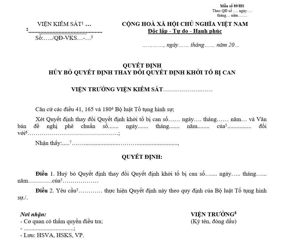 Mẫu quyết định hủy bỏ quyết định thay đổi quyết định khởi tố bị can Mẫu quyết định hủy bỏ quyết định thay đổi quyết định khởi tố bị can