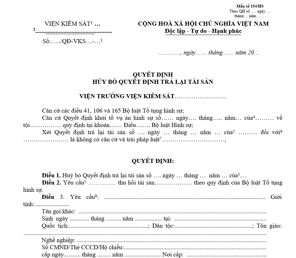 Mẫu quyết định hủy bỏ quyết định trả lại tài sản Mẫu quyết định hủy bỏ quyết định trả lại tài sản