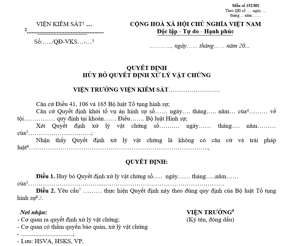 Mẫu quyết định hủy bỏ quyết định xử lý vật chứng Mẫu quyết định hủy bỏ quyết định xử lý vật chứng