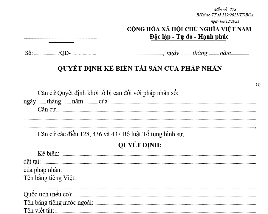 Mẫu quyết định kê biên tài sản của pháp nhân Mẫu quyết định kê biên tài sản của pháp nhân