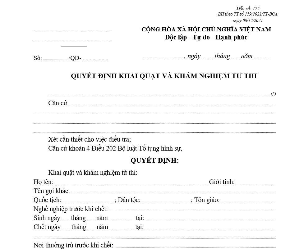 Mẫu quyết định khai quật và khám nghiệm tử thi Mẫu quyết định khai quật và khám nghiệm tử thi