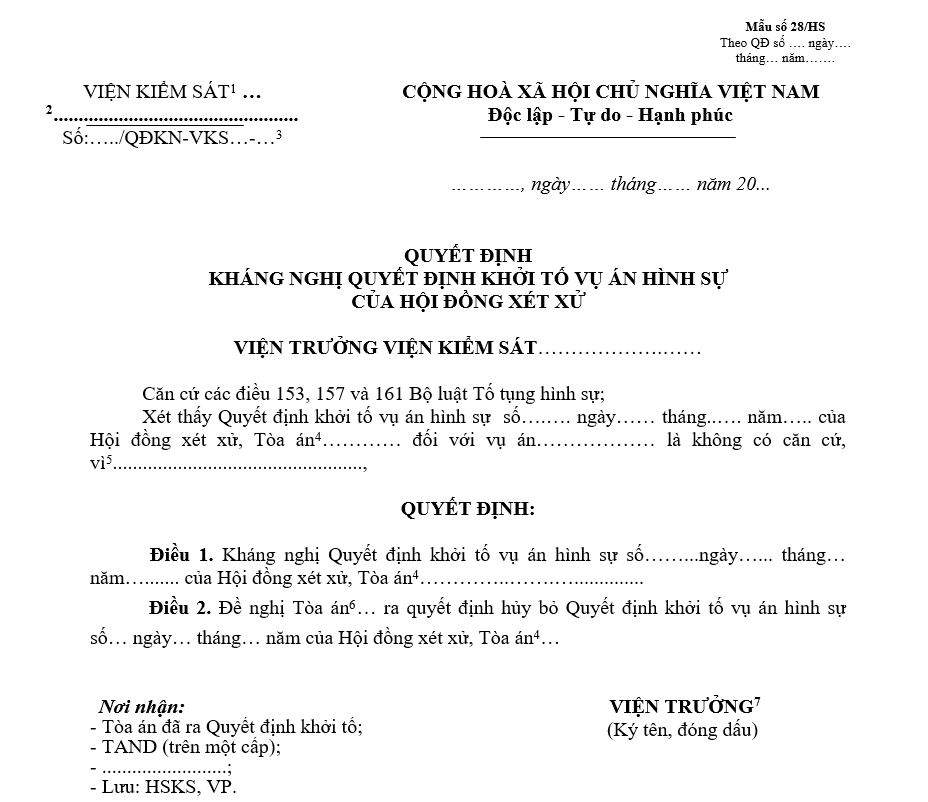 Mẫu quyết định kháng nghị Quyết định khởi tố vụ án hình sự của Hội đồng xét xử Mẫu quyết định kháng nghị Quyết định khởi tố vụ án hình sự của Hội đồng xét xử