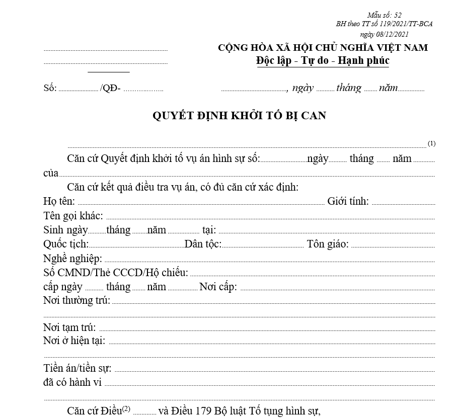 Mẫu quyết định khởi tố bị can Mẫu quyết định khởi tố bị can