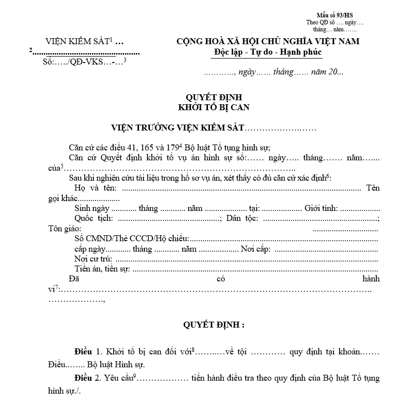 Mẫu quyết định khởi tố bị can Mẫu quyết định khởi tố bị can