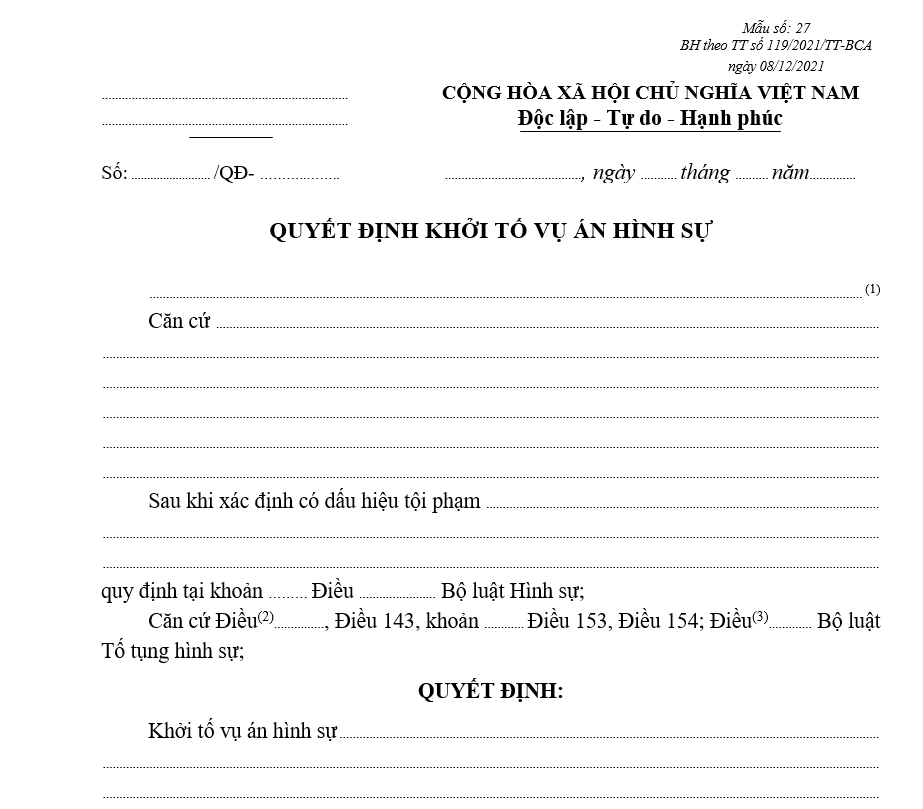 Mẫu quyết định khởi tố vụ án hình sự Mẫu quyết định khởi tố vụ án hình sự
