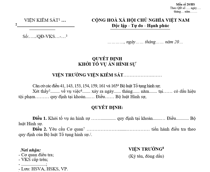 Mẫu quyết định khởi tố vụ án hình sự Mẫu quyết định khởi tố vụ án hình sự