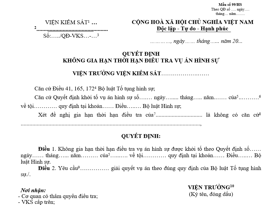Mẫu quyết định không gia hạn thời hạn điều tra vụ án hình sự Mẫu quyết định không gia hạn thời hạn điều tra vụ án hình sự