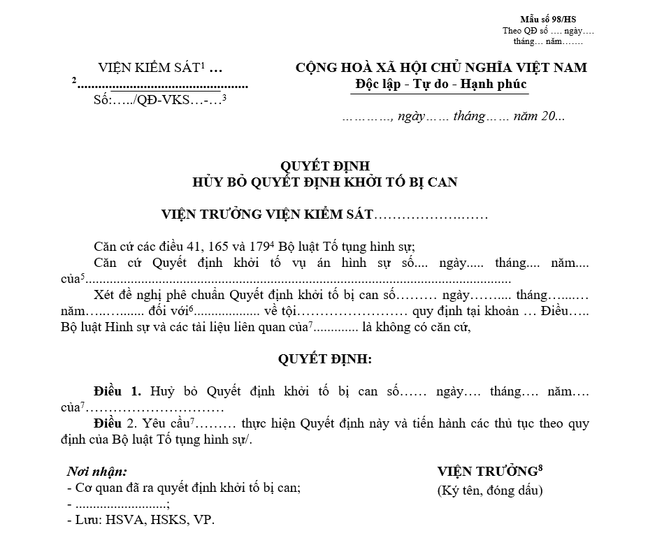 Mẫu quyết định hủy bỏ quyết định khởi tố bị can Mẫu quyết định không gia hạn thời hạn điều tra vụ án hình sự