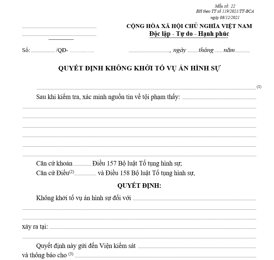 Mẫu quyết định không khởi tố vụ án hình sự Mẫu quyết định không khởi tố vụ án hình sự