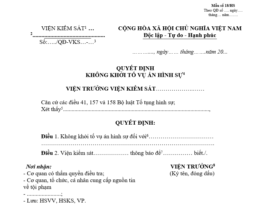 Mẫu quyết định không khởi tố vụ án hình sự Mẫu quyết định không khởi tố vụ án hình sự