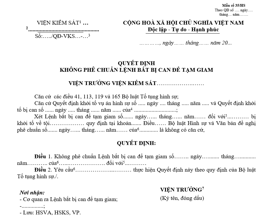 Mẫu quyết định không phê chuẩn Lệnh bắt bị can để tạm giam Mẫu quyết định không phê chuẩn Lệnh bắt bị can để tạm giam