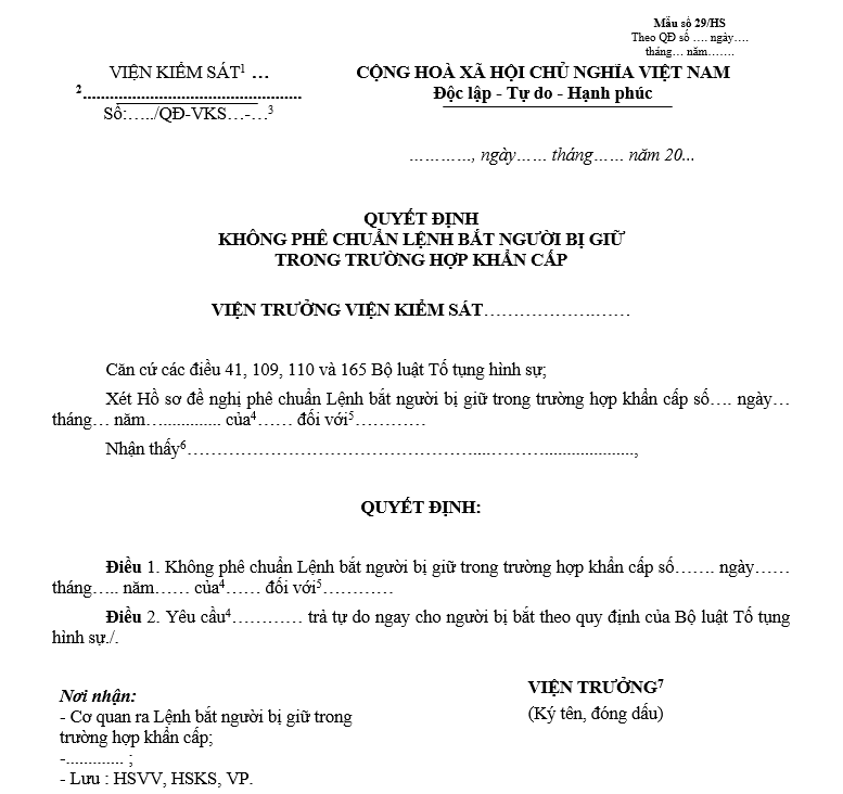 Mẫu quyết định không phê chuẩn Lệnh bắt người bị giữ trong trường hợp khẩn cấp Mẫu quyết định không phê chuẩn Lệnh bắt người bị giữ trong trường hợp khẩn cấp