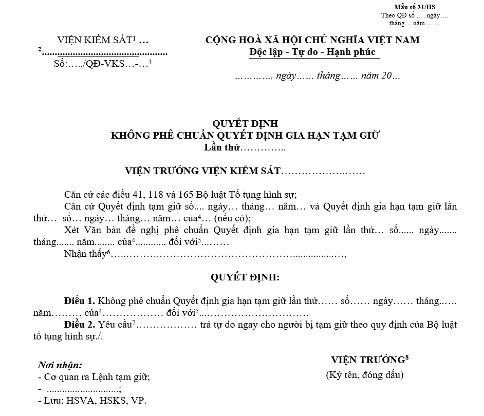 Mẫu quyết định không phê chuẩn Quyết định gia hạn tạm giữ Mẫu quyết định không phê chuẩn Quyết định gia hạn tạm giữ