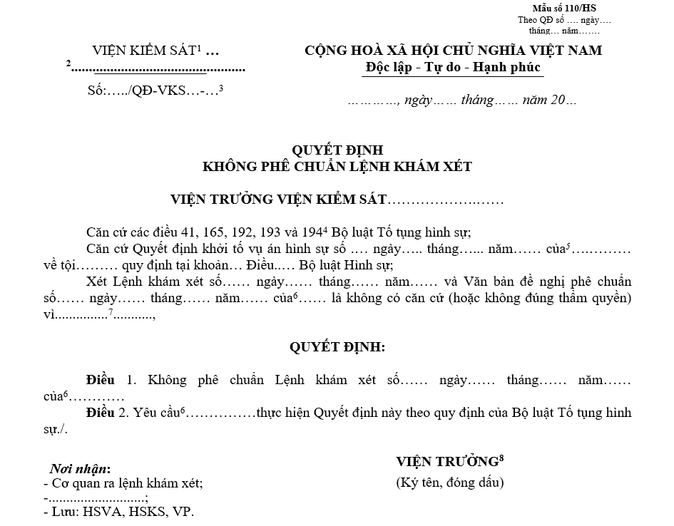Mẫu quyết định không phê chuẩn lệnh khám xét Mẫu quyết định không phê chuẩn lệnh khám xét