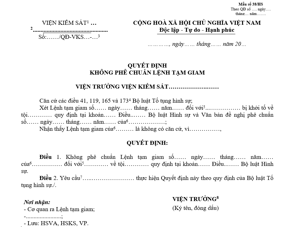 Mẫu quyết định không phê chuẩn lệnh tạm giam Mẫu quyết định không phê chuẩn lệnh tạm giam