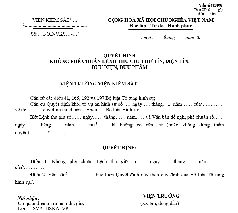 Mẫu quyết định không phê chuẩn lệnh thu giữ thư tín/điện tín/bưu kiện/bưu phẩm Mẫu quyết định không phê chuẩn lệnh thu giữ thư tín/điện tín/bưu kiện/bưu phẩm