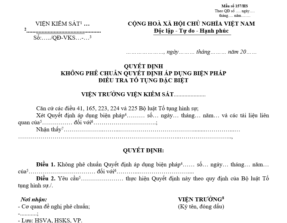 Mẫu quyết định không phê chuẩn quyết định áp dụng biện pháp điều tra tố tụng đặc biệt Mẫu quyết định không phê chuẩn quyết định áp dụng biện pháp điều tra tố tụng đặc biệt