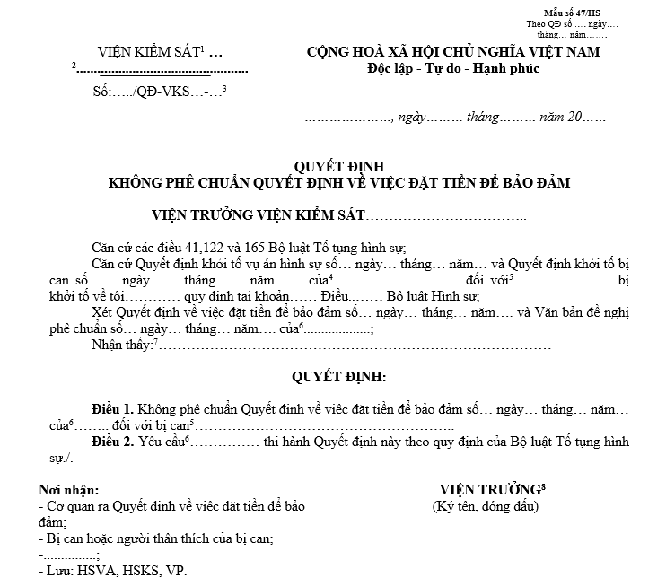 Mẫu quyết định không phê chuẩn quyết định về việc đặt tiền để bảo đảm Mẫu quyết định không phê chuẩn quyết định về việc đặt tiền để bảo đảm